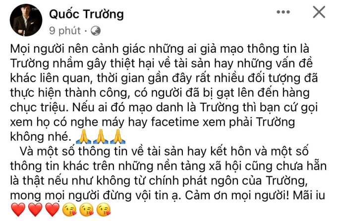 Quốc Trường lên tiếng cảnh báo mọi người khi bị cá nhân mạo danh để lừa đảo tài sản