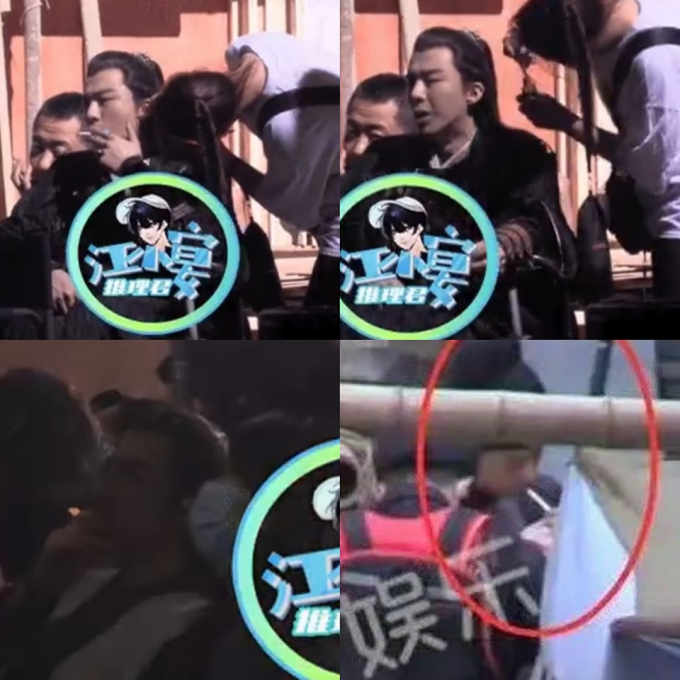 Lưu Vũ Ninh bị tung loạt ảnh ngồi hút thuốc giữa phim trường đông người.