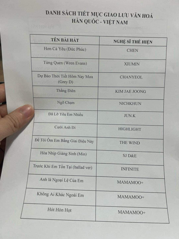 Danh sách các ca khúc V được cho là các sao Kpop sẽ biểu diễn trong đêm đại nhạc hội trên SVĐ Mỹ Đình sắp tới 