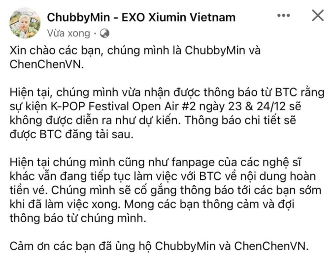 Loạt FC EXO tại Việt Nam thông báo huỷ show, BTC hứa sẽ hoàn vé