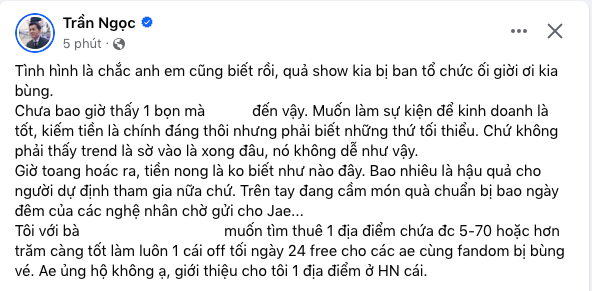 Bài đăng của MC Trần Ngọc sau tin show Kpop ở Mỹ Đình bị hủy 
