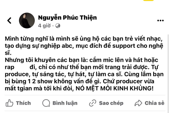 Dòng trạng thái bức xúc của NS Phúc Thiện.