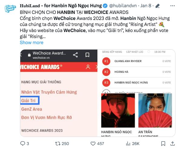 Hanbin (TEMPEST) chứng minh thế nào là sức mạnh fandom Kpop: Dẫn đầu đề cử Rising Artist tại WeChoice, gấp đôi lượng vote của Rhyder!