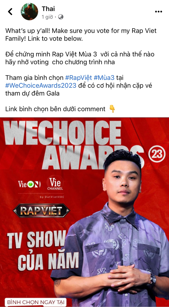 Thái VG treo thưởng cho hội fan bình chọn Rap Việt