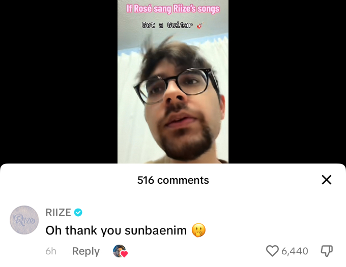 RIIZE tương tác với 1 video bắt chước giọng hát của Rosé trên TikTok