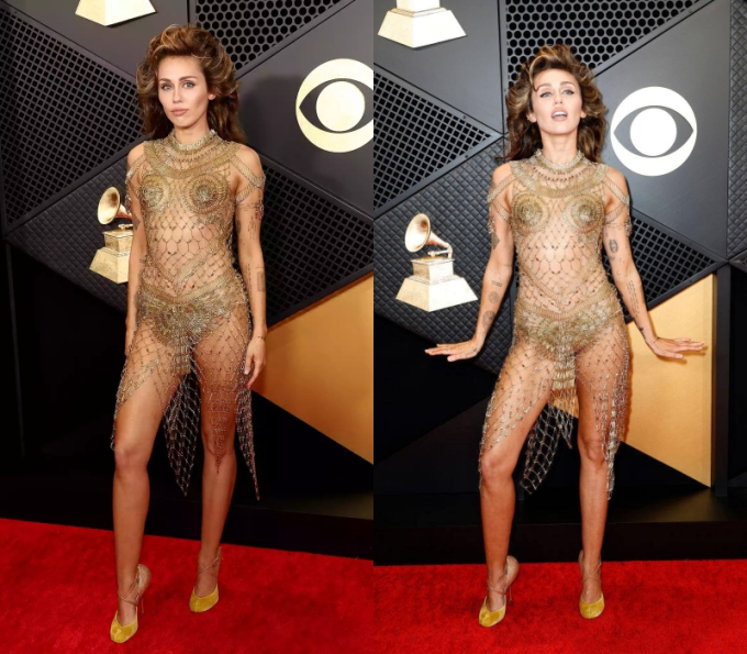  Chọn bộ đầm kim loại vàng xuyên thấu, gần như để body nude 100%, Miley Cyrus không bỏ qua cơ hội toả sáng và chiếm sạch spotlight của các mỹ nhân đình đám khác. Cô nàng còn tái hiện nhiều dáng chụp ảnh tựa các minh tinh thập niên cũ