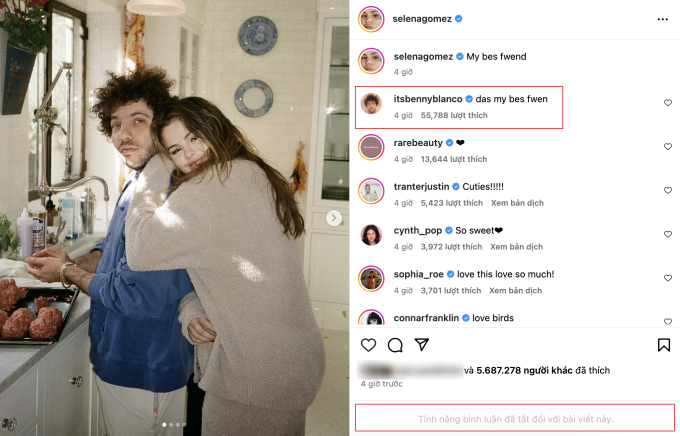 Vừa đăng bộ ảnh tình cảm với bạn trai mới, Selena Gomez đã nhận được hơn 5 triệu lượt thả tim trên Instagram. Nhưng cô lại phải khoá lại phần bình luận, chỉ để các sao và người thân có quyền truy cập. Nhanh chóng sau khi công bố bài đăng, Benny Blanco cũng để lại lời ngọt ngào như khẳng định 