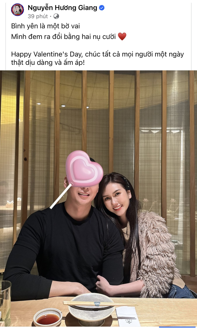 Diễn viên Hương Giang đăng tải hình ảnh tình cảm bên bạn trai vào ngày Valentine