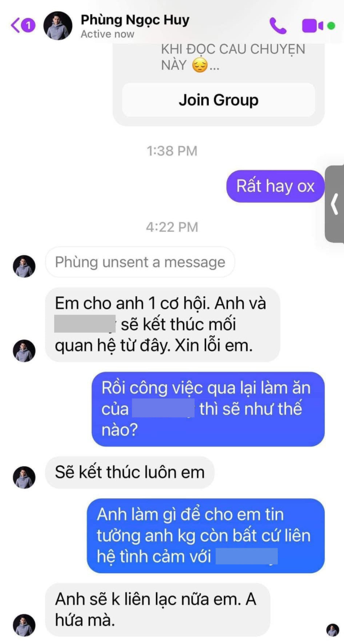 Người này còn tung đoạn tin nhắn được cho là trò chuyện cùng Phùng Ngọc Huy, anh hứa không qua lại với cô gái ở Việt Nam nữa