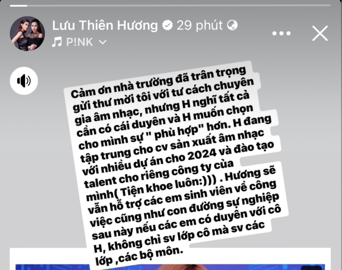 Story của nhạc sĩ Lưu Thiên Hương thu hút sự chú ý của netizen