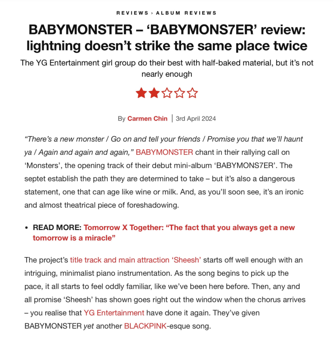 NME chỉ chấm cho E.P của BABYMONSTER số điểm cực khiêm tốn - 2/5 sao và nhiều lời nhận xét khắt khe