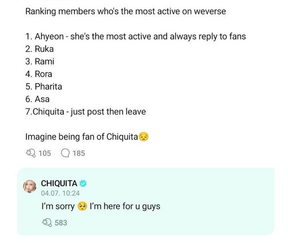 Chiquita gửi lời xin lỗi đến người hâm mộ khi cô bị xếp hạng “bét