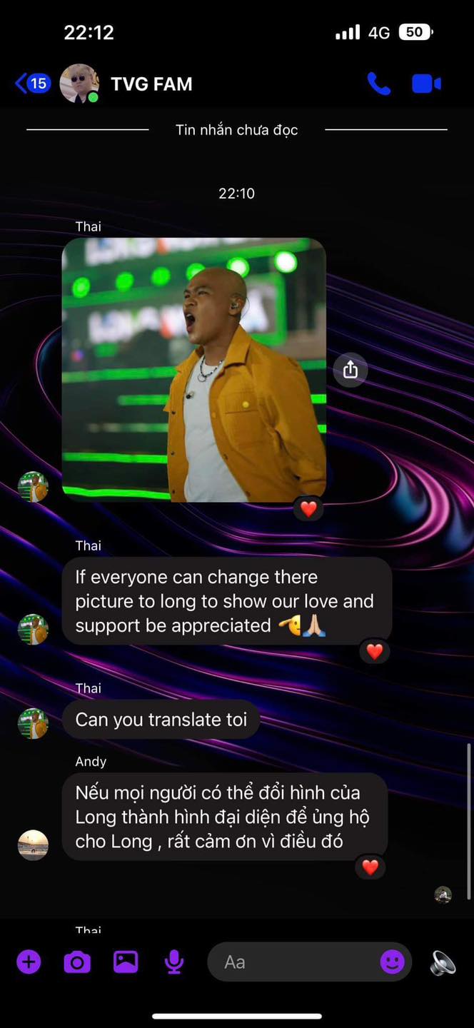 Thái VG nhắn trong group chat của team với nội dung nhờ các thành viên cùng đổi ảnh đại diện thành Long Nón Lá để động viên nam rapper.