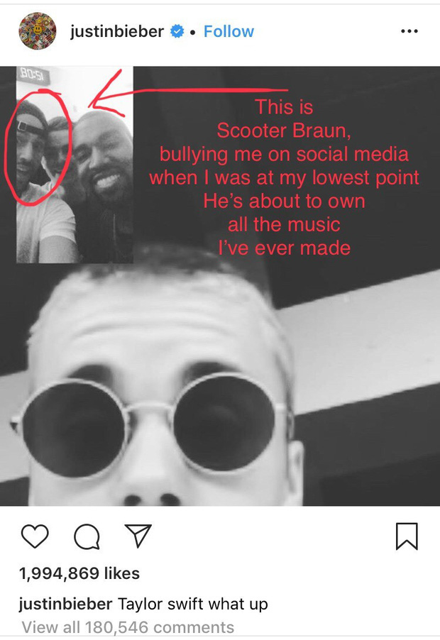 Bài post gây tranh cãi của Justin giữa tâm bão Taylor Swift - Scooter Braun nhằm bảo vệ quản lý