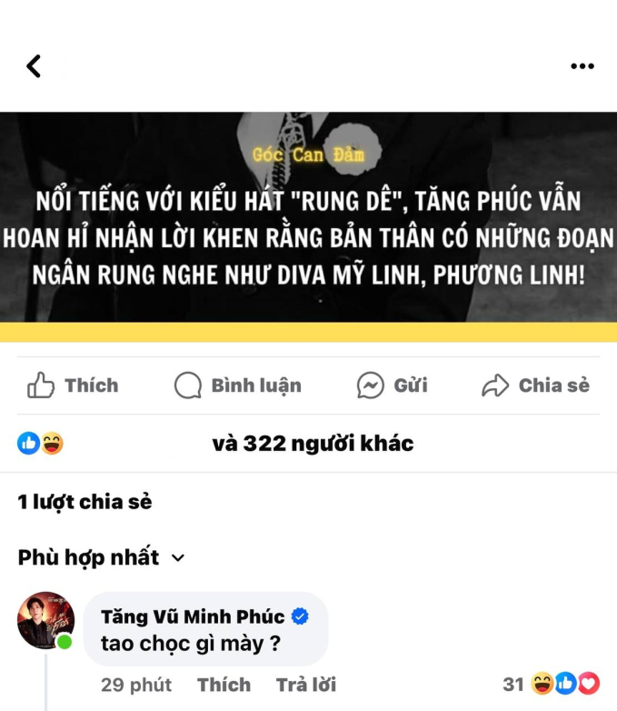 Tăng Phúc thẳng thừng vào đáp trả dưới bài đăng chê giọng hát của anh trên 1 trang Facebook.