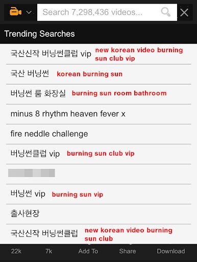 Các từ khóa bao gồm “Burning Sun VIP”, “Phòng tắm Burning Sun”, “Burning Sun Club VIP”,... đã xuất hiện trong danh sách tìm kiếm của các trang web người lớn Hàn Quốc ở thời điểm Burning Sun vẫn đang hoạt động 