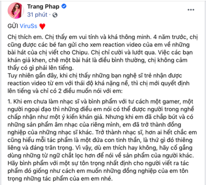 Trang Pháp từng viết tâm thư tag thẳng tên ViruSs