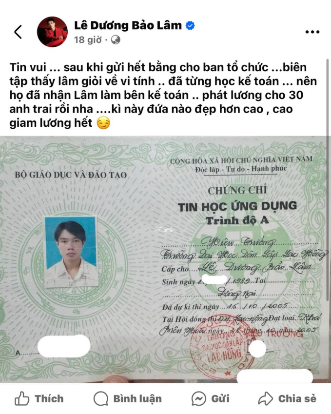 Dòng status của Lê Dương Bảo Lâm.