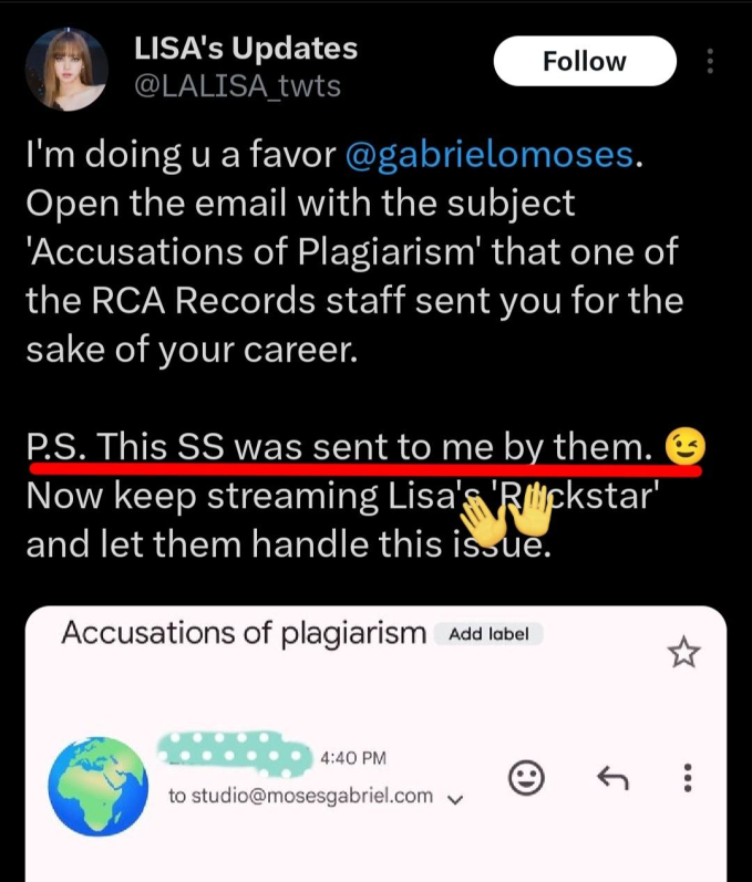 Một tài khoản fan Lisa đã giả mạo email của RCA Records nhằm tấn công Gabriel Moses