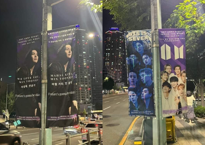 Loạt banner in thông điệp ủng hộ, bày tỏ tình yêu với Suga được treo trước cửa tập đoàn HYBE