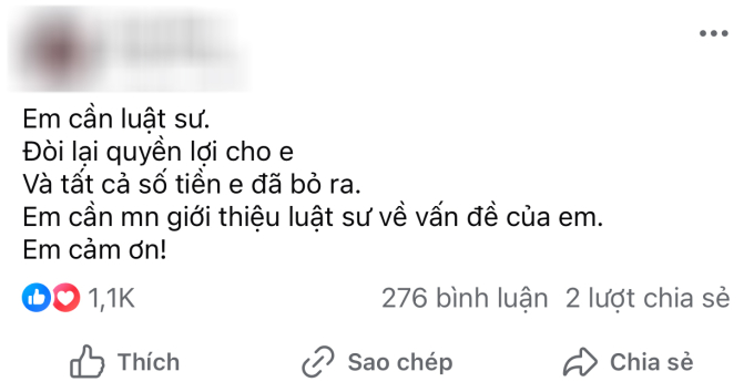 Z.D còn đăng bài nhờ tư vấn luật sư. Tuy nhiên không lâu sau đó cô xóa bài đăng