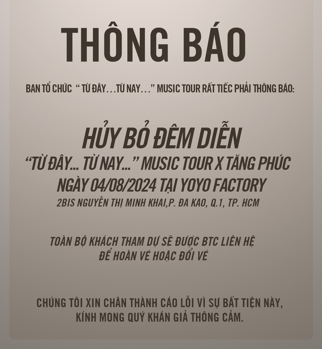 Các thông báo hủy show xuất hiện khá nhiều với Tăng Phúc trong năm nay.