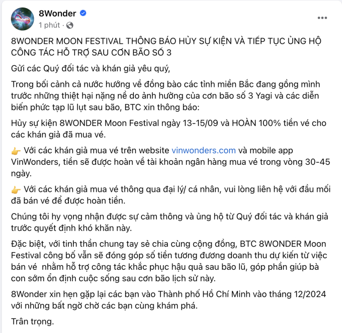   BTC 8WONDER Moon Festival đưa ra tuyên bố chính thức về việc hủy sự kiện và hoàn 100% vé cho khán giả   