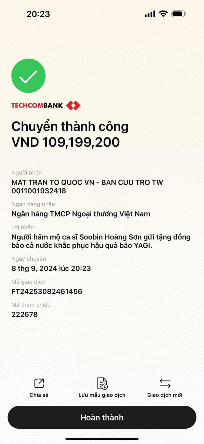 Số tiền chuyển khoản từ một cá nhân nhưng được lấy danh nghĩa FC của SOOBIN.