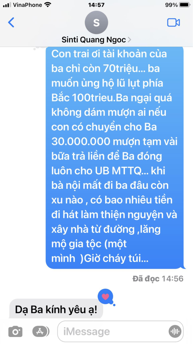   Danh ca Ngọc Sơn chia sẻ tin nhắn mượn con trai nuôi 30 triệu đồng để ủng hộ người dân chịu thiệt hại do bão lũ số tiền 100 triệu đồng   