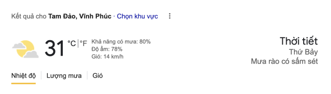   Kết quả dự báo thời tiết ngày 21/9 tại Tam Đảo, Vĩnh Phúc trên website Google.com  