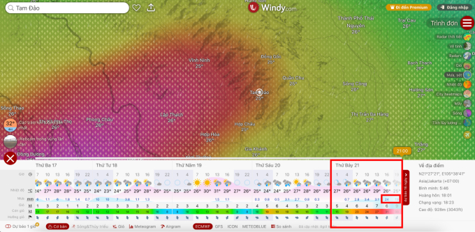   Lượng mưa trong ngày 21/9 tại Tam Đảo từ 16h đến 19h được dự báo là 19 - 24mm (Nguồn: windy.com)   