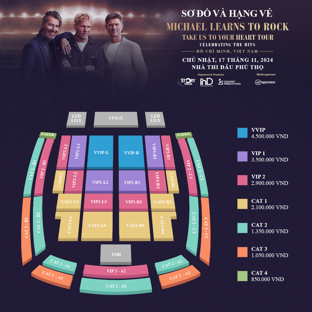   Sơ đồ bán vé và giá vé của concert Michael Learns To Rock - Take Us To Your Heart Tour 2024 tại Việt Nam được công bố trước đó   