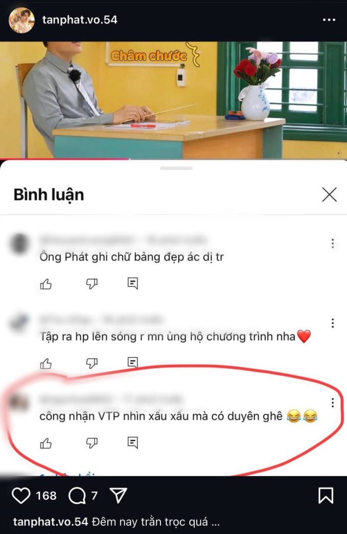 Võ Tấn Phát công khai hình ảnh bình luận của một cư dân mạng nhận xét về ngoại hình của mình