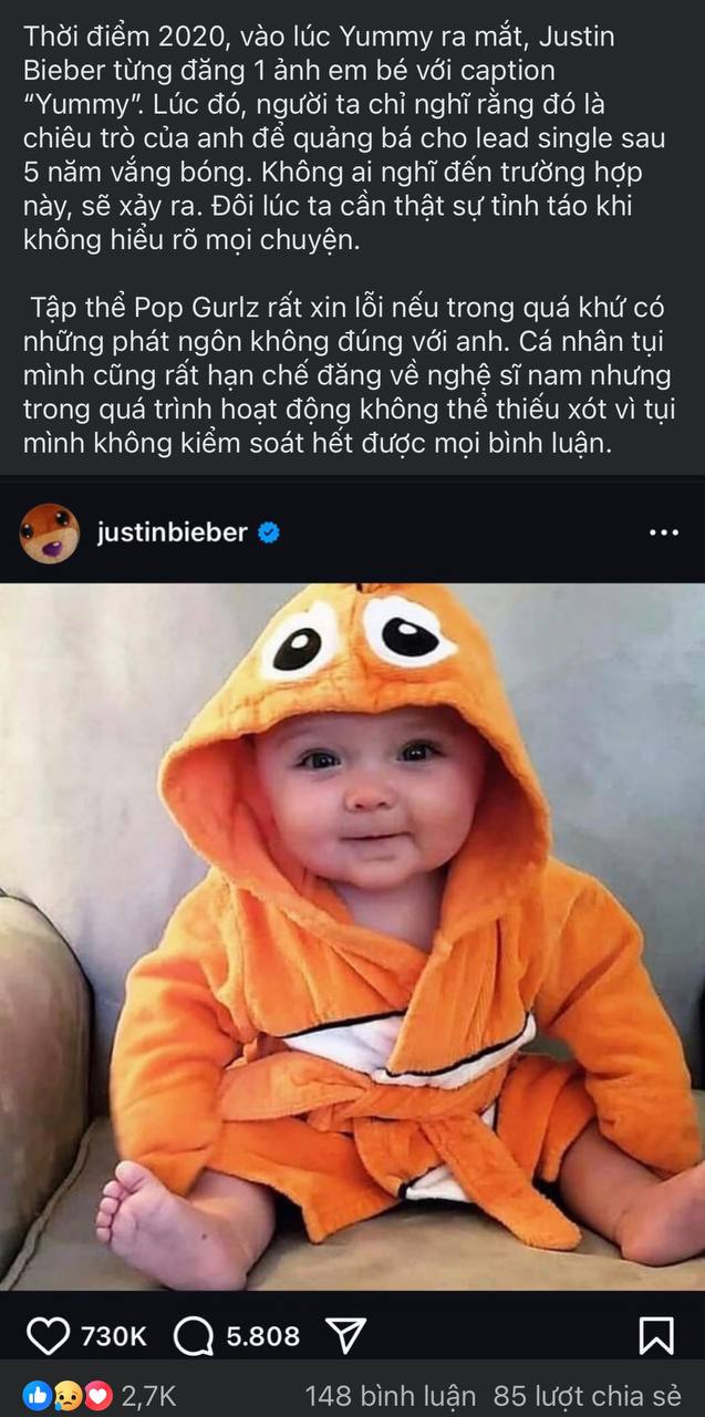 Một fanpage nổi tiếng tại Việt Nam đăng đàn xin lỗi Justin Bieber (hiện bài đăng đã bị xoá)