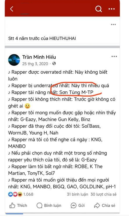   Bài đăng HIEUTHUHAI lựa chọn Sơn Tùng M-TP là rapper tài năng nhất vào 4 năm trước   