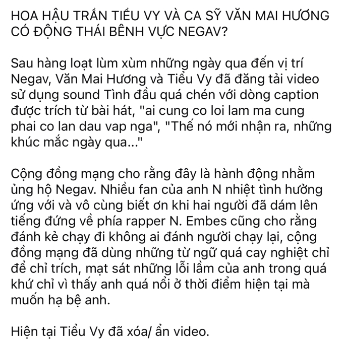 Dòng trạng thái nghi vấn Văn Mai Hương ngầm bênh vực Negav qua đoạn video Tiktok mới nhất của cô