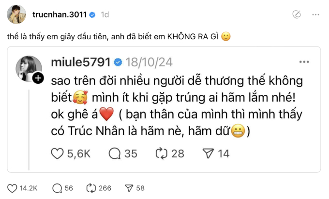 Dòng trạng thái gây “sốt” của Trúc Nhân, “chỉ điểm” thẳng Miu Lê