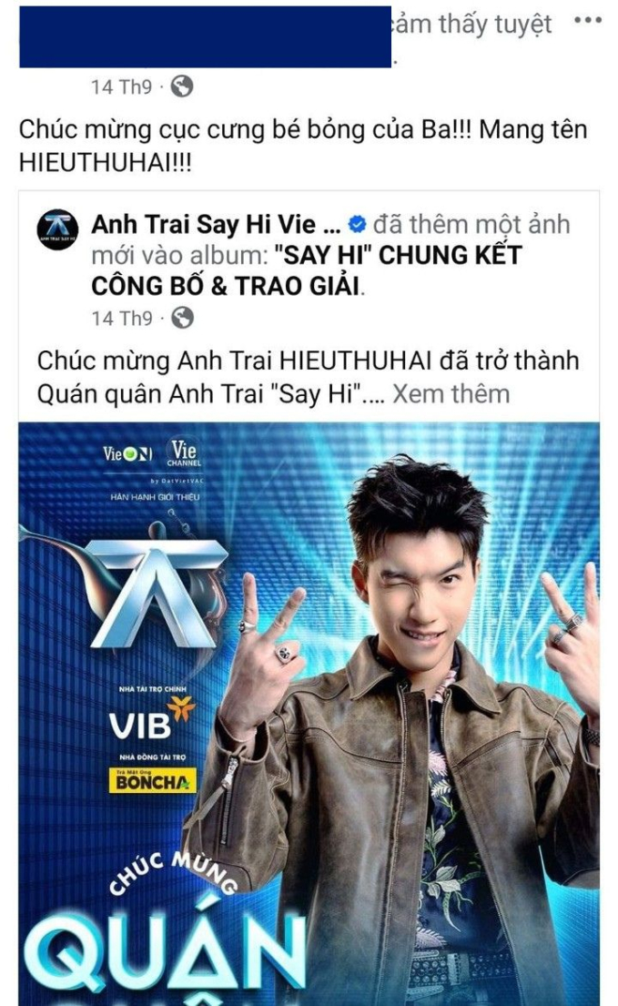 Bố của HIEUTHUHAI đăng bài chúc mừng con trai trở thành quán quân Anh Trai Say Hi