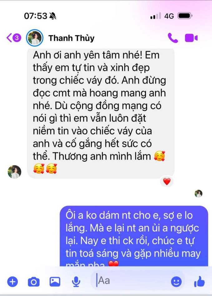 Tin nhắn Thanh Thuỷ động viên NTK Lê Thanh Hoà được chia sẻ rầm rộ sau khi cô đăng quang 