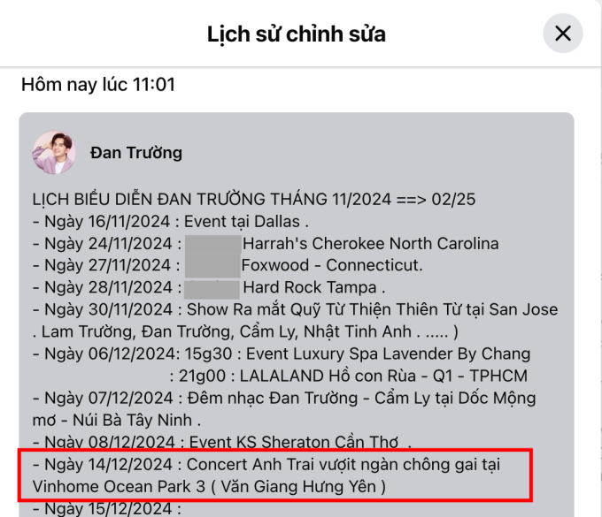   Lịch trình biểu diễn tại concert Anh trai vượt ngàn chông gai được đăng tải trên trang cá nhân của nam ca sĩ Đan Trường   