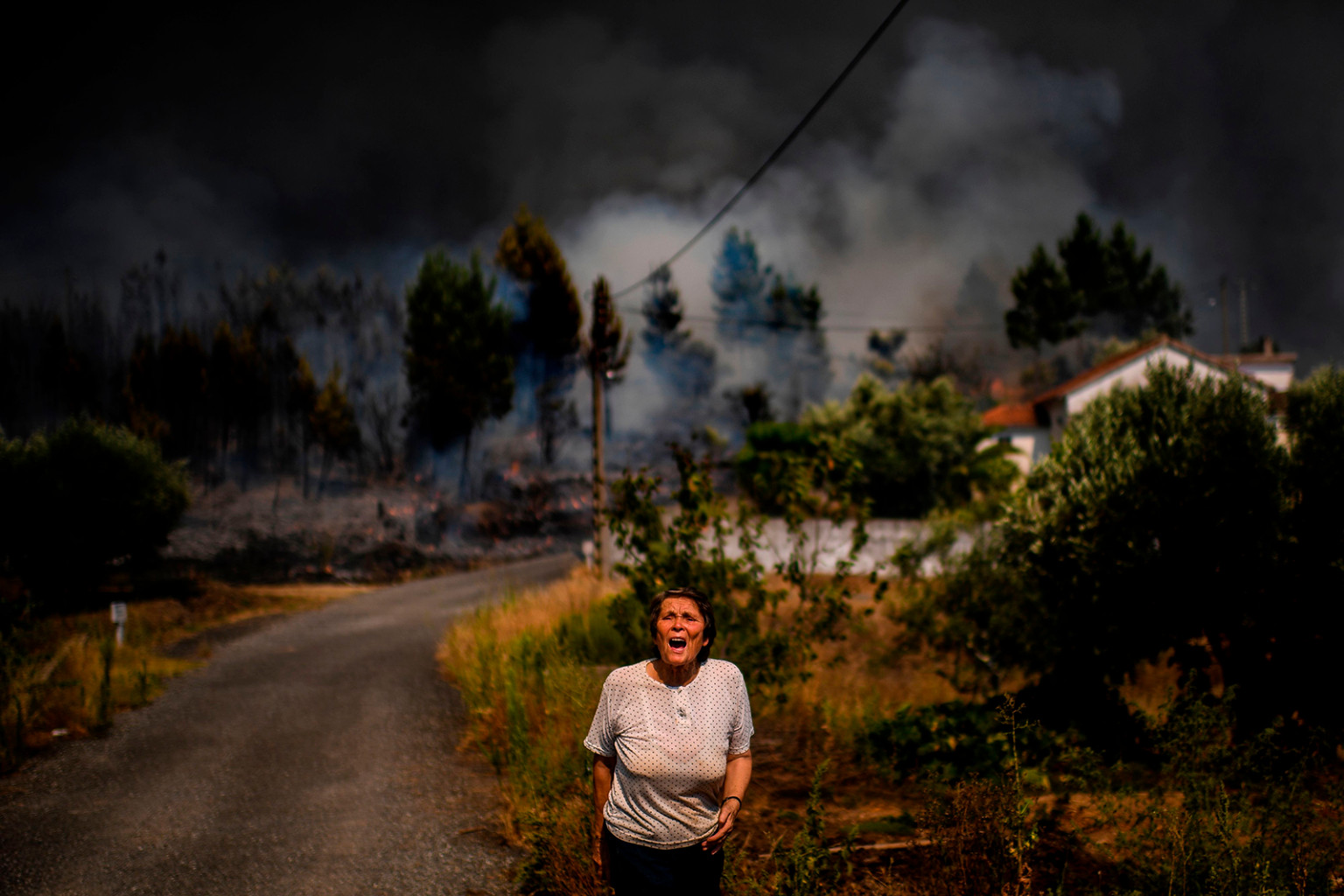   Một dân làng hét lên để được giúp đỡ khi một đám cháy rừng tiếp cận một ngôi nhà tại làng Casas da Ribeira ở Mação, miền trung Bồ Đào Nha, vào ngày 21 tháng 7.   