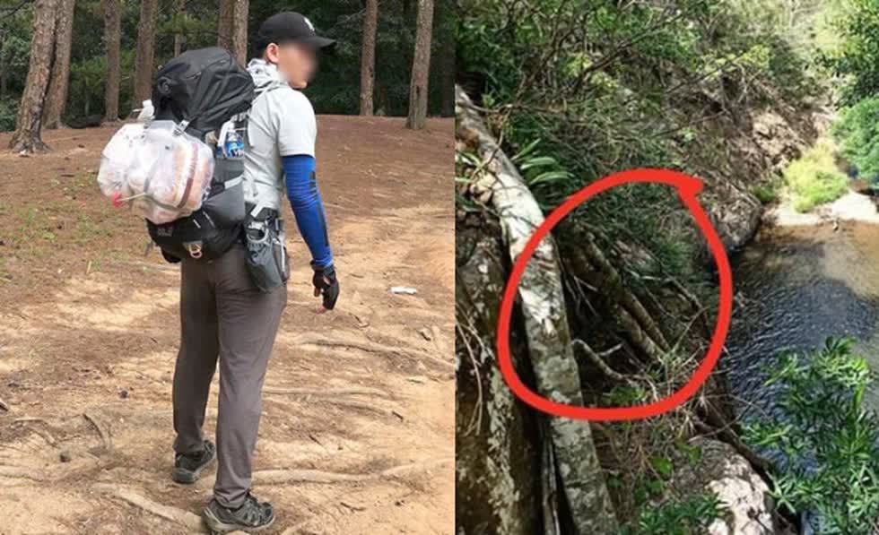 Hình ảnh phượt thủ Thi Văn Kiện và hiện trường tìm thấy thi thể tại tầng 4 của thác Lao Phào.