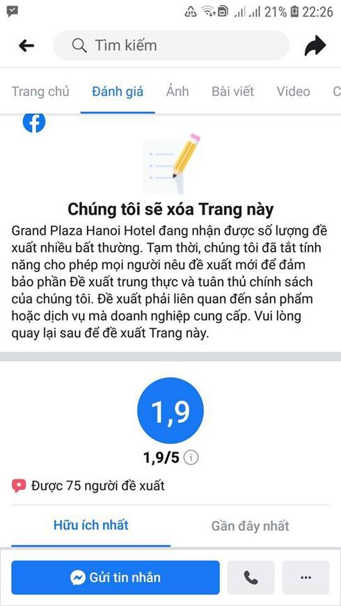 Fanpage Grand Plaza Hanoi Hotel đã bị tắt bởi Facebook với lý do có quá nhiều lượt đánh giá bất thường.
