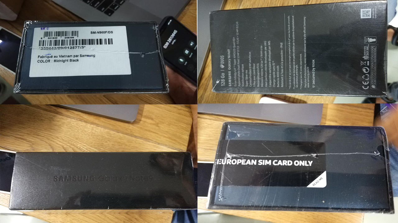  Đây là dòng Note 9 của hãng Samsung Fake (hàng làm giả như thật) trá hình lừa đảo khách hàng trong thời gian qua. Quan sát kỹ bên ngoài hộp có thể thấy hộp không chắc chắn, chữ in nhạt, cam kết bản Samsung chính hãng nhưng lại chỉ cho phép sử dụng sim Châu Âu có phải quá lạ. Ảnh: FB 