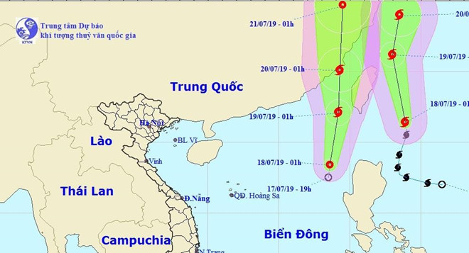   Áp thấp nhiệt đới  hình thành trên Biển Đông di chuyển theo hướng bắc và khả năng mạnh thành bão trong 24 giờ tới. Ảnh: NCHMF.   
