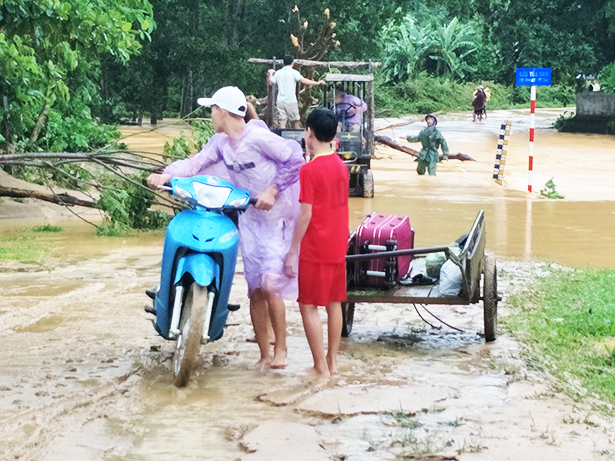 Người dân trục vớt các cành cây, khơi thông tuyến đường trên địa phận thôn 12, xã Hương Lâm. Ảnh Đức Quyền