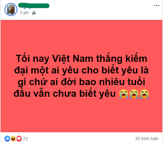 Mạng xã hội Facebook xuất hiện nhiều trào lưu bùng cháy những dòng trạng thái cá cược nếu Việt Nam thắng sẽ có điều gì đó bất ngờ xảy ra như sẽ có người yêu, hoặc bao một chầu cà phê cho tất cả mọi người một cách rất hài hước.