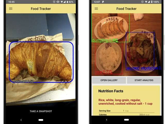 Chế độ nhận diện thực phẩm (bên trái) và phân tích dinh dưỡng từ thư viện (bên phải) trên ứng dụng FoodTracker.