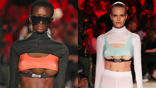 Hình ảnh người mẫu đeo ngực giả gây tranh cãi tại Milan Fashion Week xuân hè 2019. Nhiều khán giả cho rằng đây là một ý tưởng điên rồ, vớ vẩn.