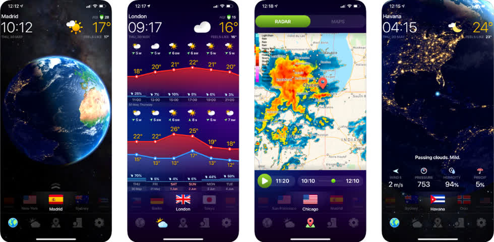 Đây là ứng dụng thời tiết được thiết kế với hình ảnh 3D sinh động theo thời gian thưc, một số tính năng đặc biệt bao gồm: cho phép chọn các quốc gia khác nhau với hỗ trợ hình ảnh quốc kỳ, biểu đồ chi tiết dự báo trong 15 ngày, biểu đồ nhiệt độ ban đêm....